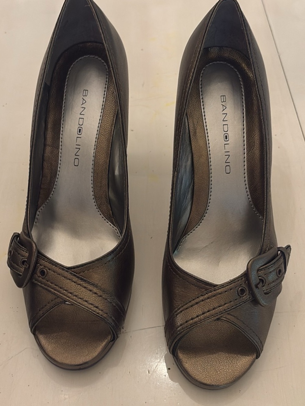 Bandolino Bronze Metallic Buckle Peep-Toe Heels
